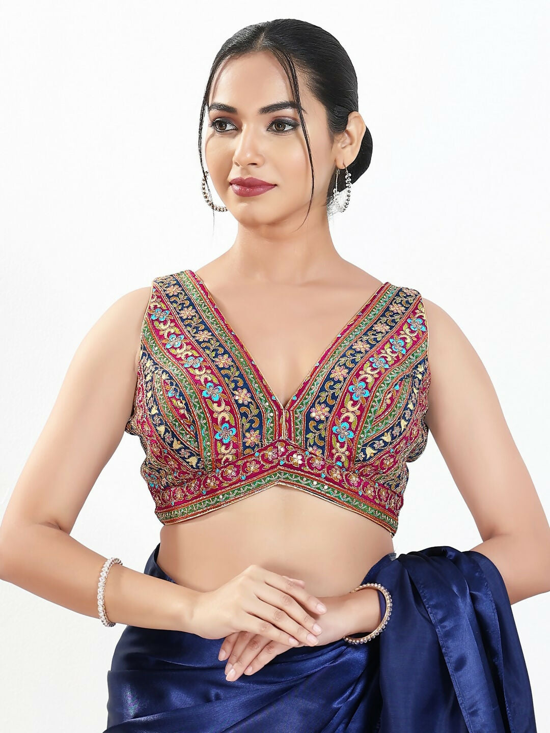 Joban Fashion Magenta Multi Georgette Padded Blouse With V Neck Sleeveless
