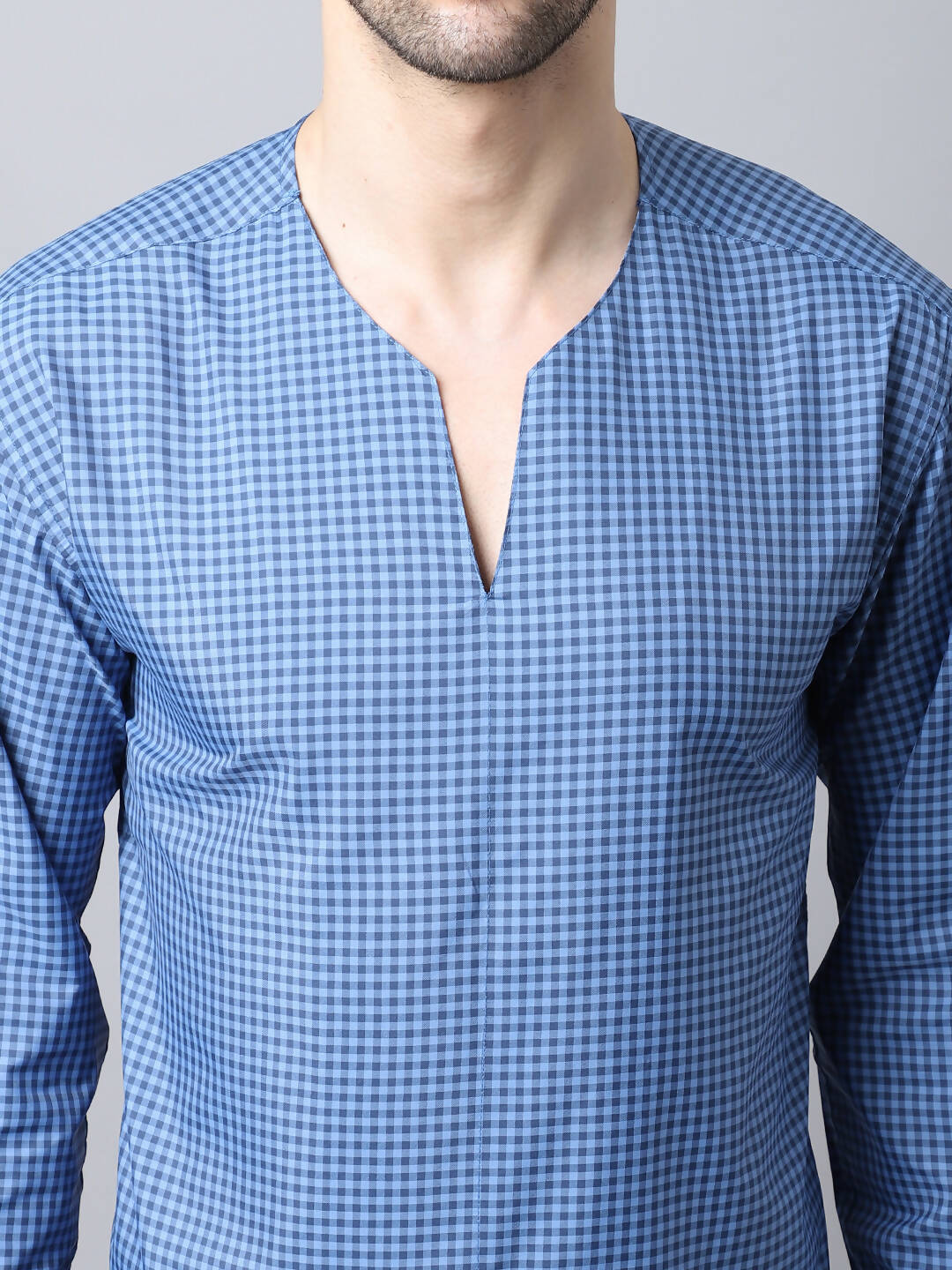 Even Apparels Blue Checked Men's Kurta With Band Collar