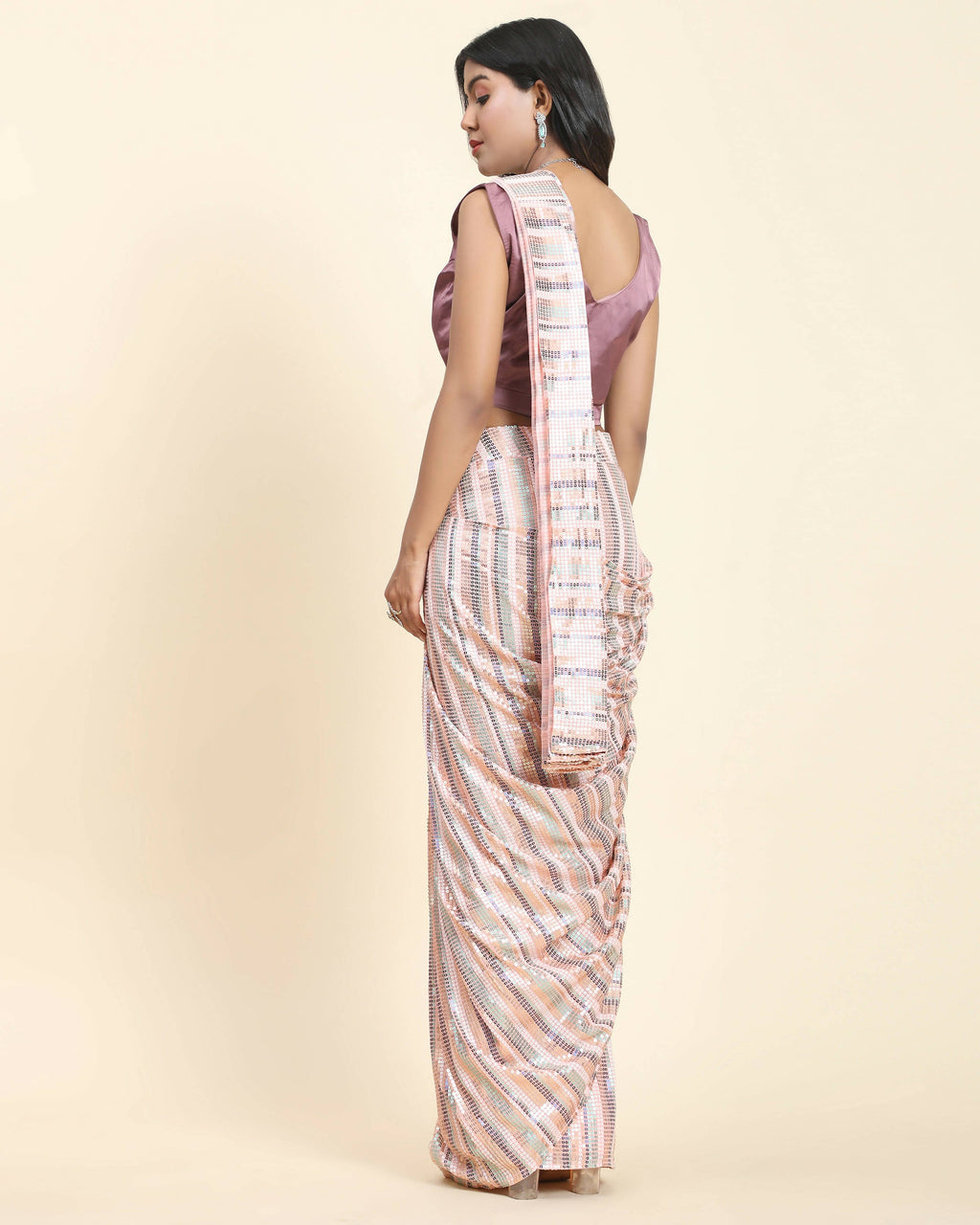 Peach Pure Georgette Sequence work Ready to wear Saree with stitched Blouse - Satiksha