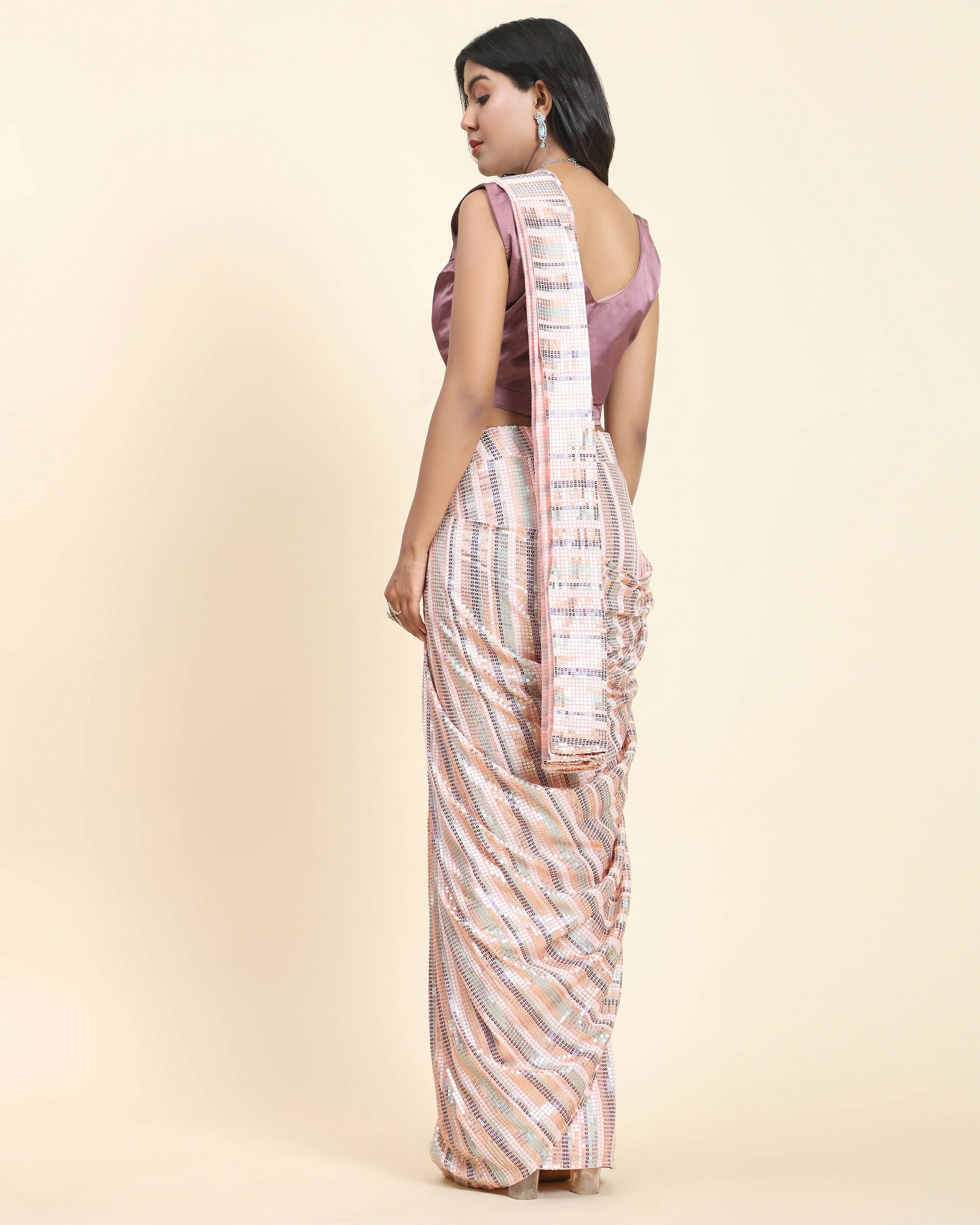 Peach Pure Georgette Sequence work Ready to wear Saree with stitched Blouse - Satiksha