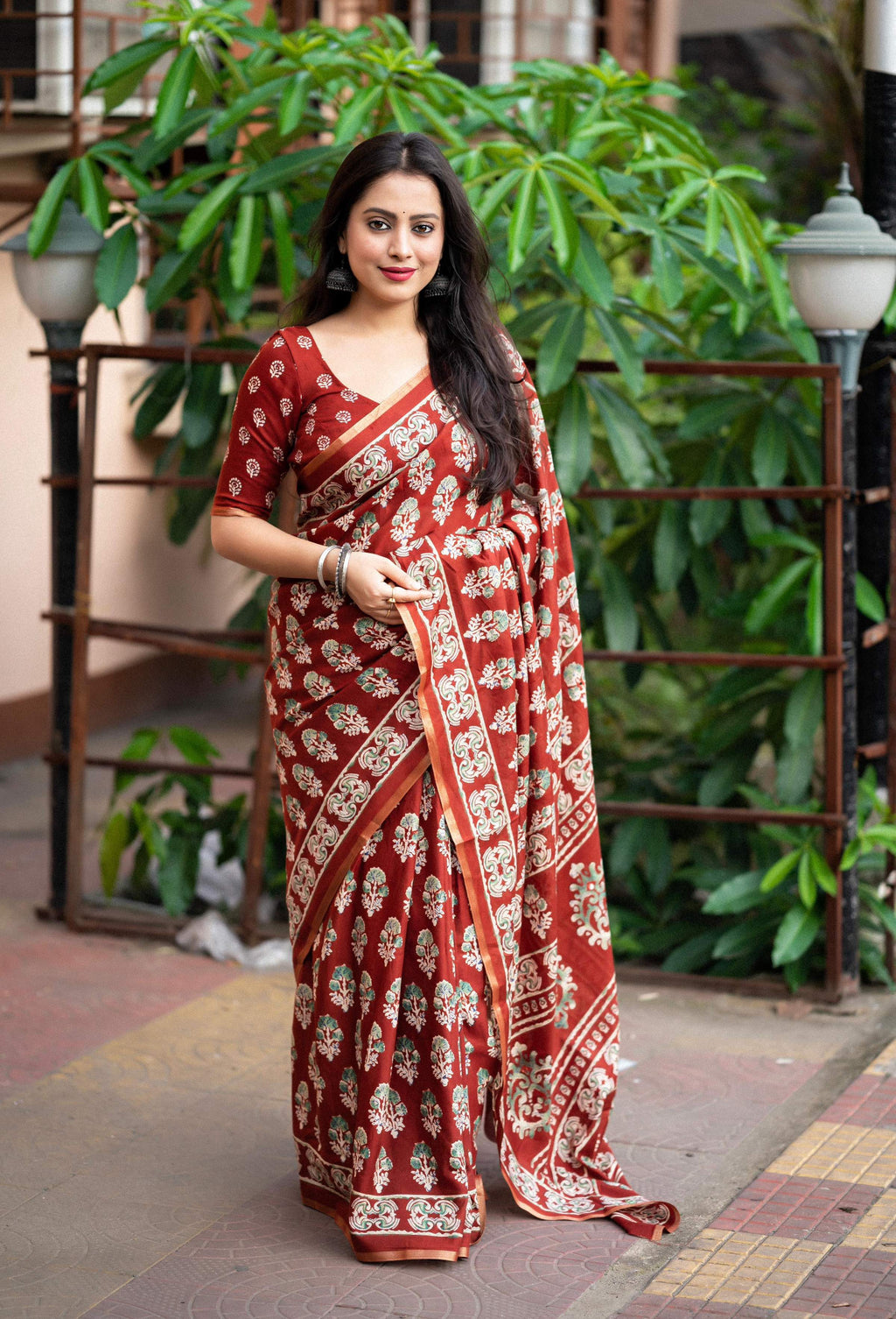 Red Cotton Blend Ajrak Saree with Unstitched Blouse - Hiral Fashion