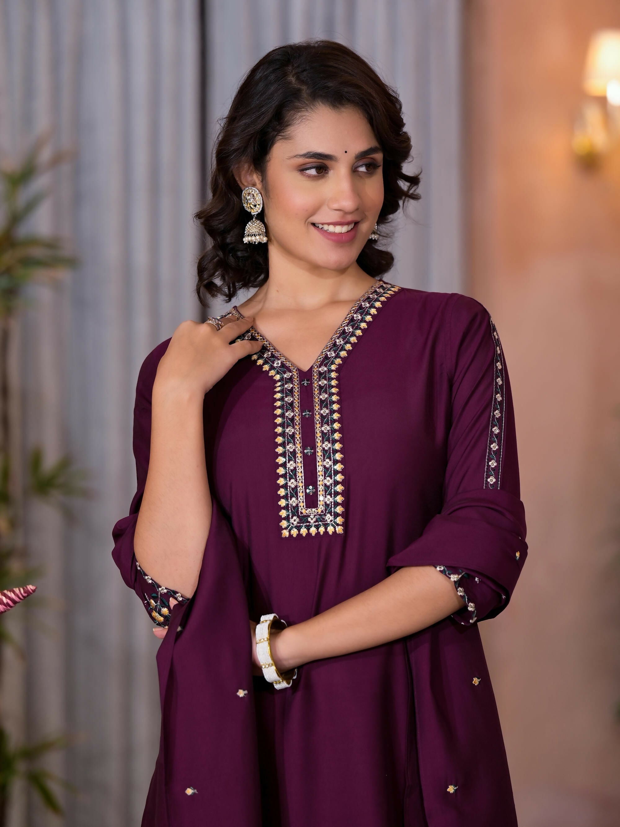 Juniper Women's Wine Thread Embroidered Viscose Kurta Pant And Dupatta Set With Sequins Work & Zari Work