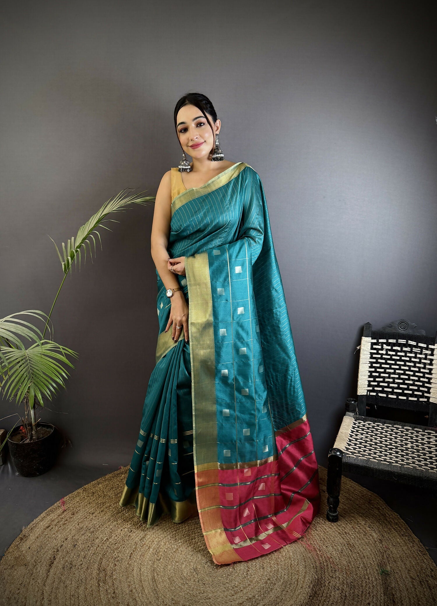 Joban Fashion Sea Green Bhagalpuri Cotton Silk Stripes/Box Saree