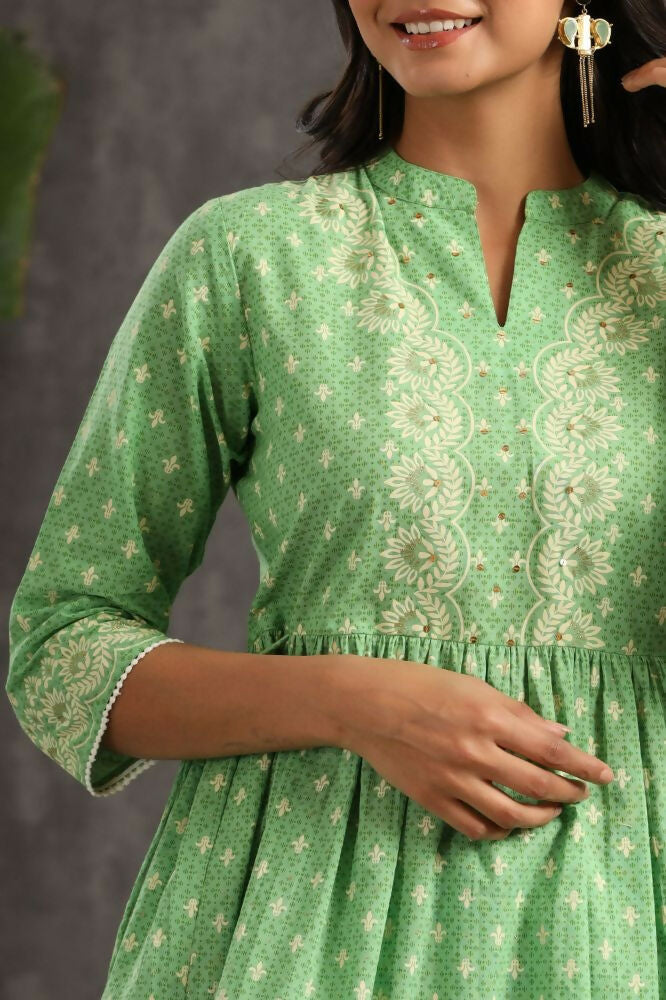 Juniper Green Ethnic Motif Printed Pure Cotton Tunic & Sharara With Sequins & Lace Detail