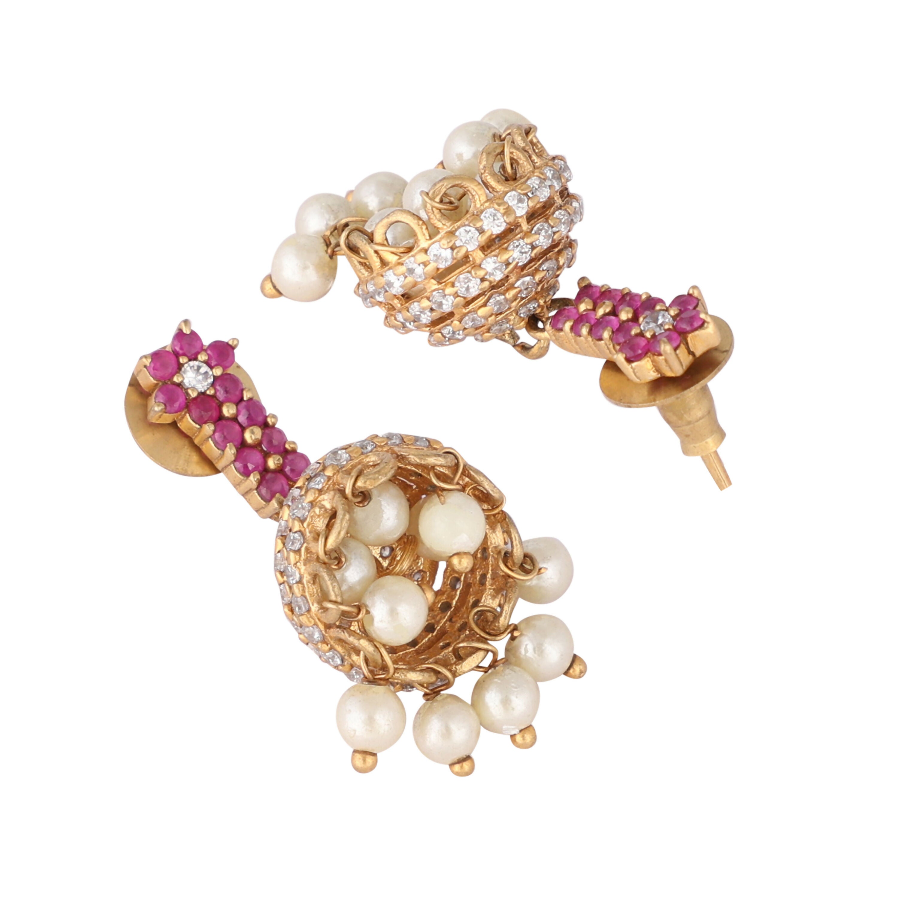 Nuyug 22K Gold Plated Pearl 7 Colored Stone Studded Contemporary Shaped Pink Mini Jhumkas