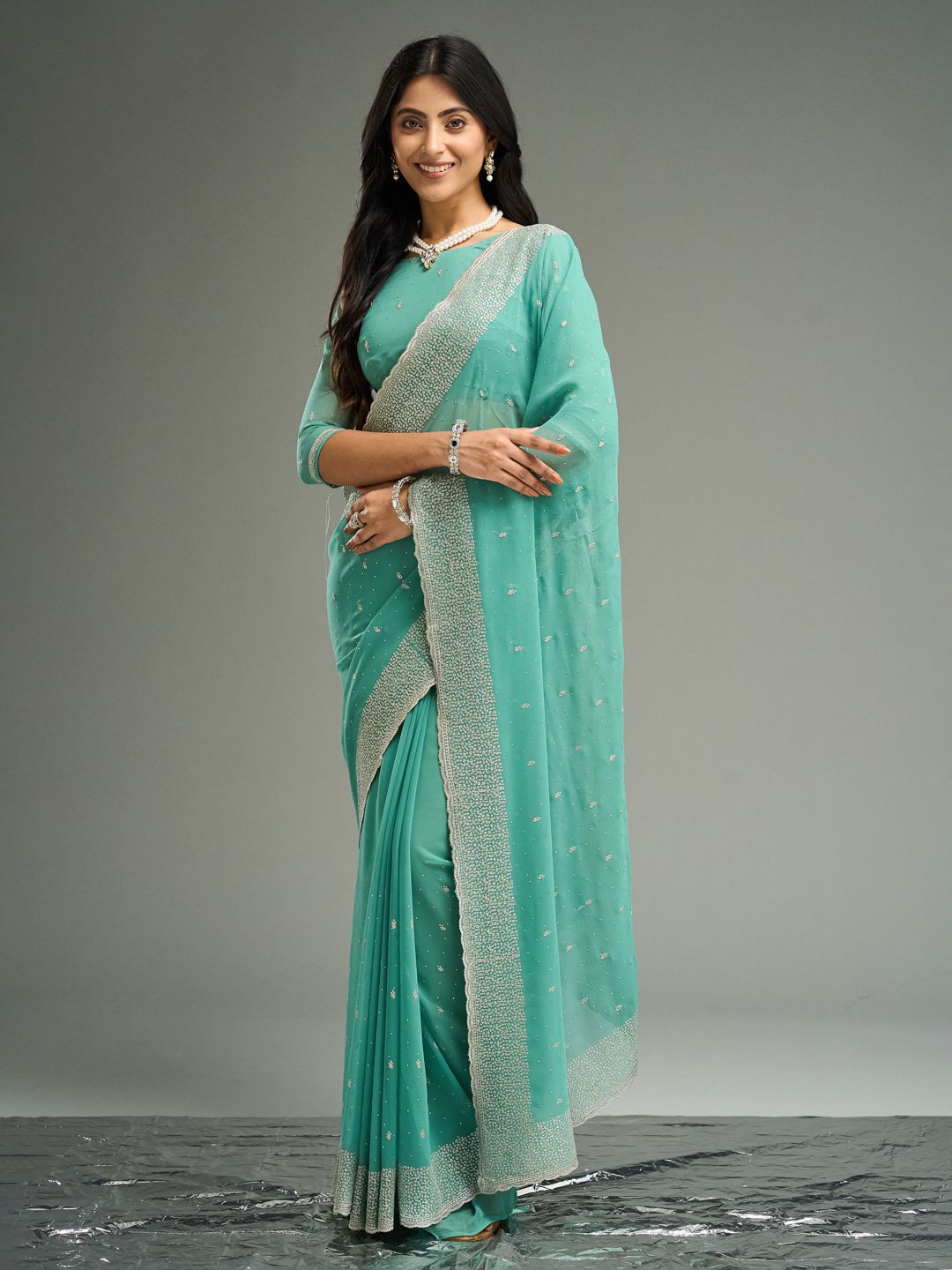 kasee Floral Embroidered Beads and Stones Pure Georgette Saree