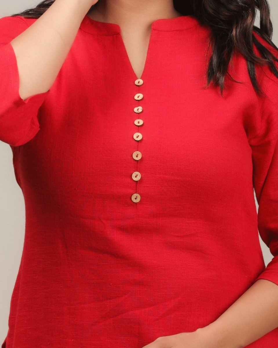 Aramya Red Khadi Cotton Solid Straight Kurta for Women