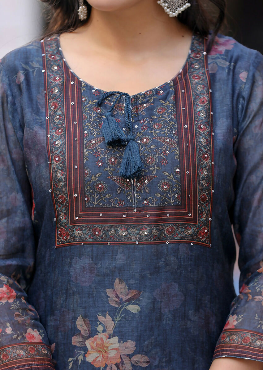 Kaajh Women's Navy Blue Digital Print Flora Chanderi Kurta Pant Set With Dupatta