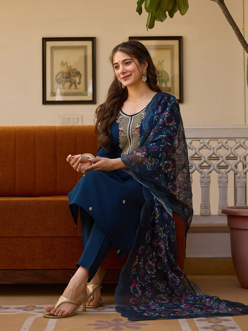 The52 Viscose Chanderi Fabric Straight Kurta, Pant and Dupatta Set