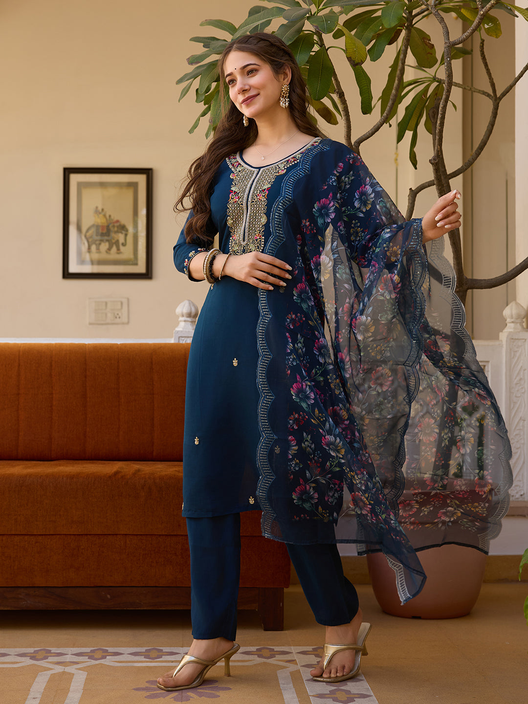 The52 Viscose Chanderi Fabric Straight Kurta, Pant and Dupatta Set