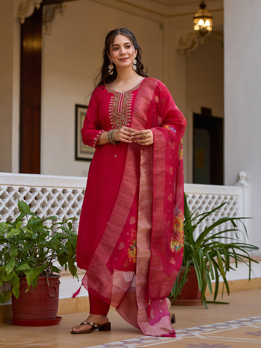 The52 Beautiful Viscose Chanderi Fabric Straight Kurta, Pant and Dupatta Set
