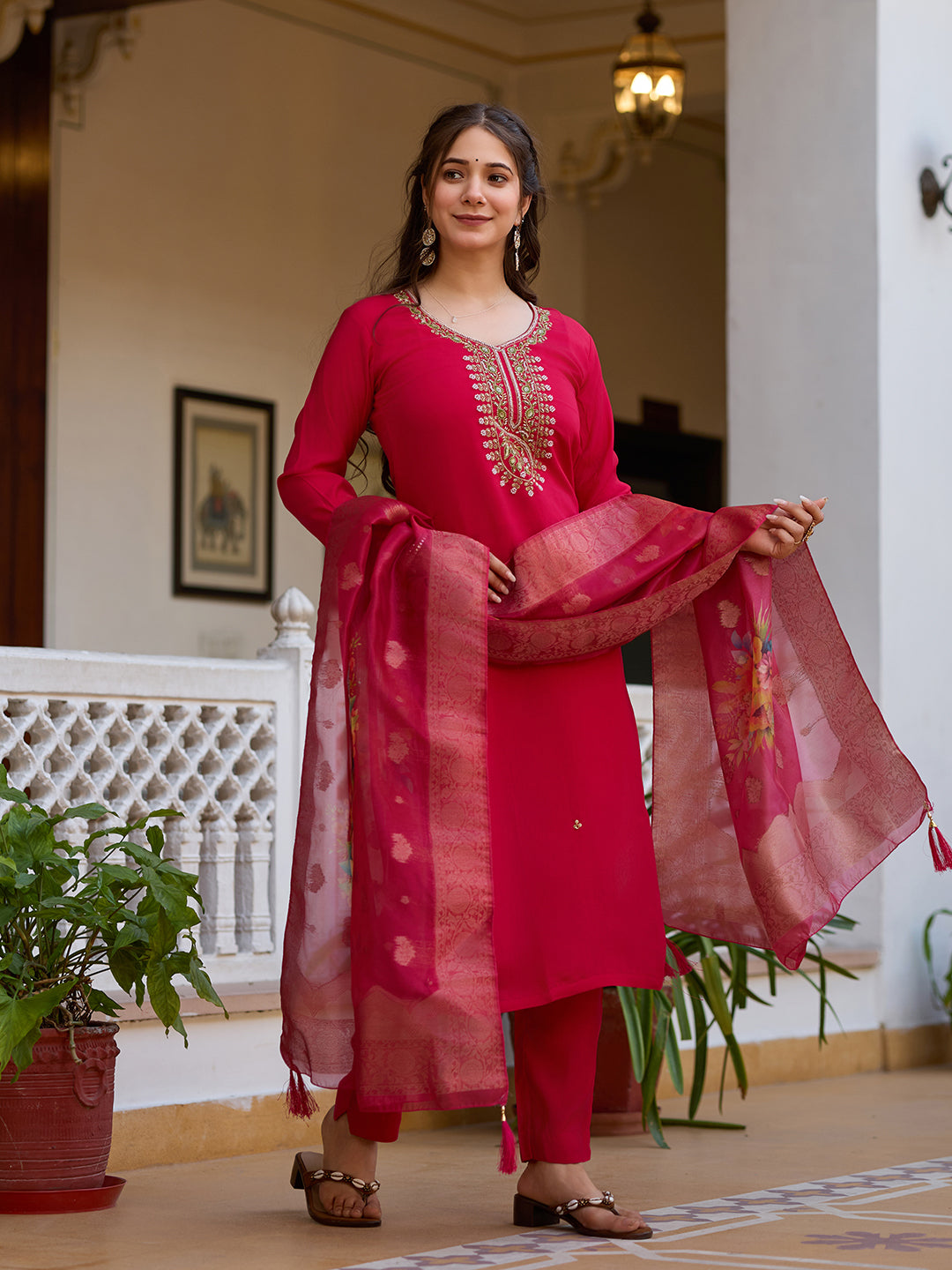 The52 Beautiful Viscose Chanderi Fabric Straight Kurta, Pant and Dupatta Set