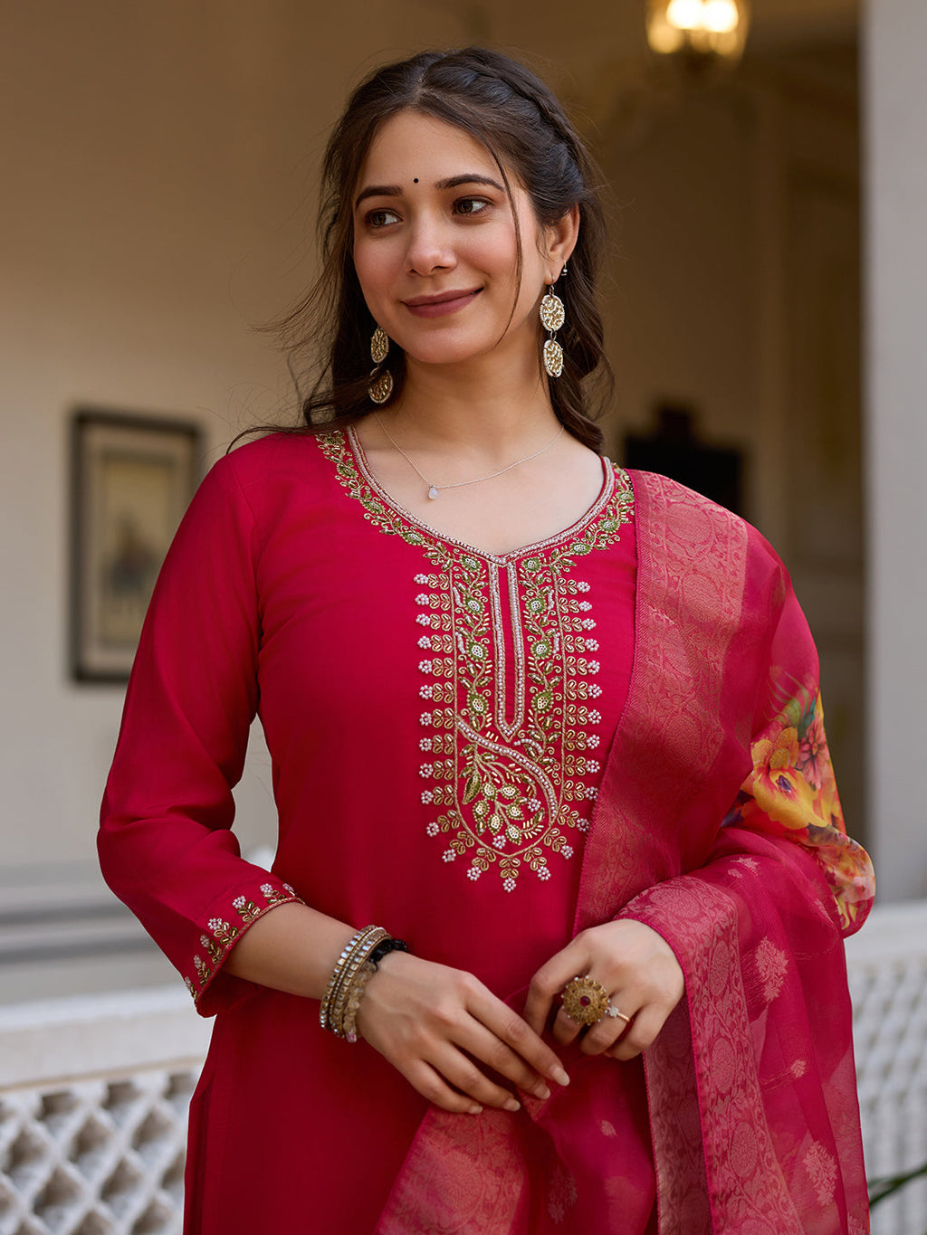 The52 Beautiful Viscose Chanderi Fabric Straight Kurta, Pant and Dupatta Set