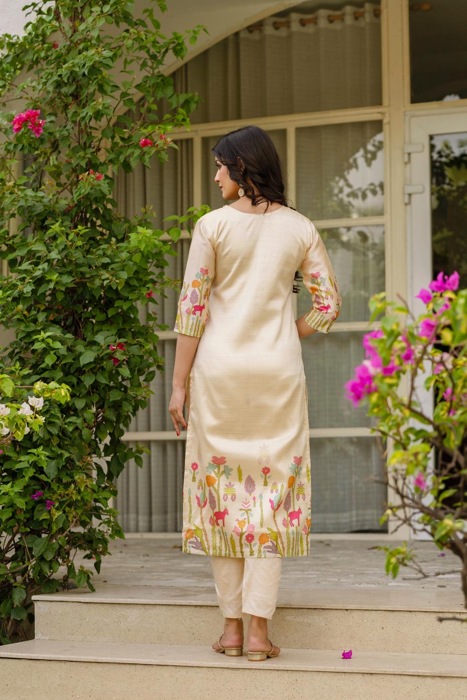 The52 Women's Viscose Assam Silk Embroidered Straight Kurta with Pant And Dupatta Set
