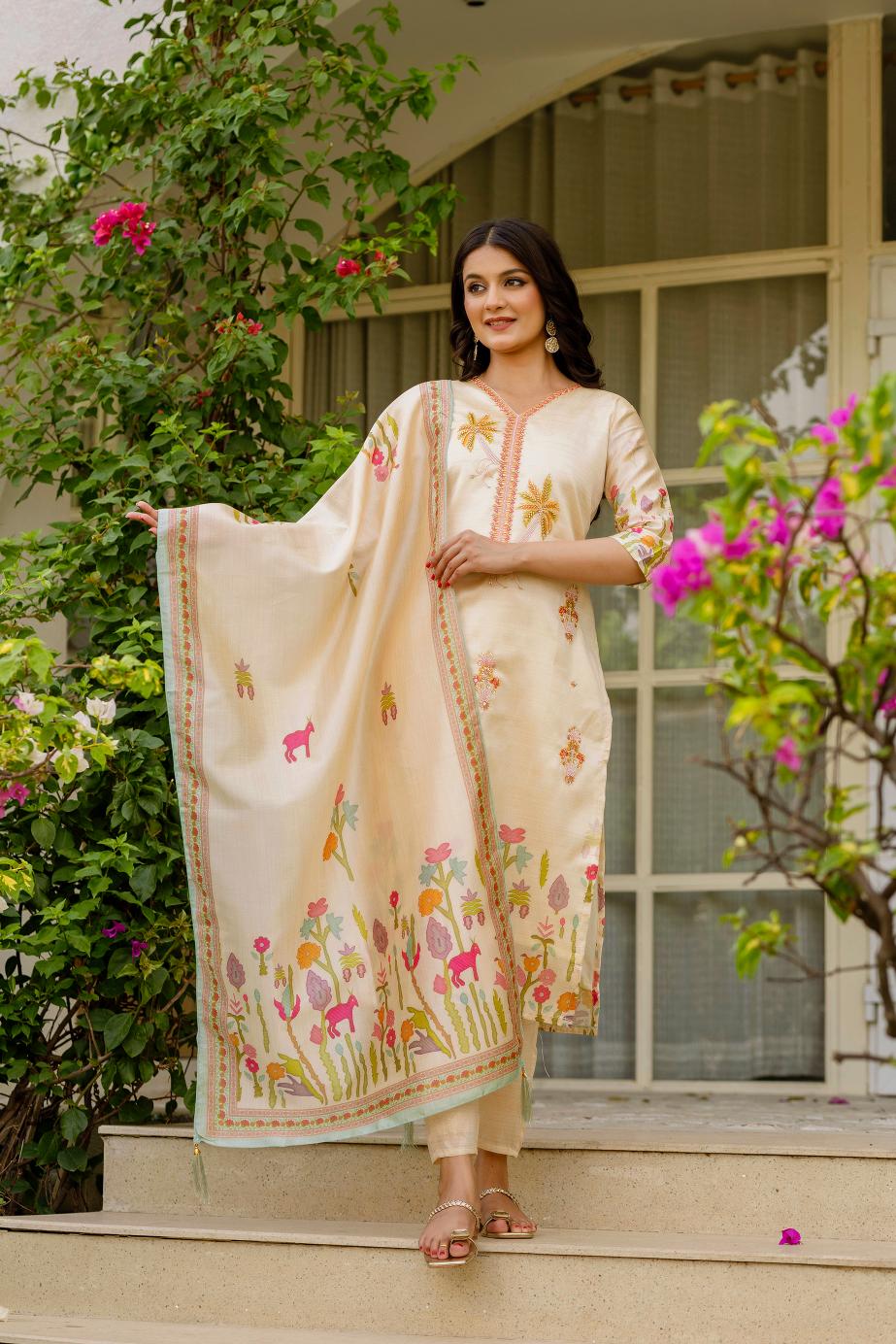 The52 Women's Viscose Assam Silk Embroidered Straight Kurta with Pant And Dupatta Set