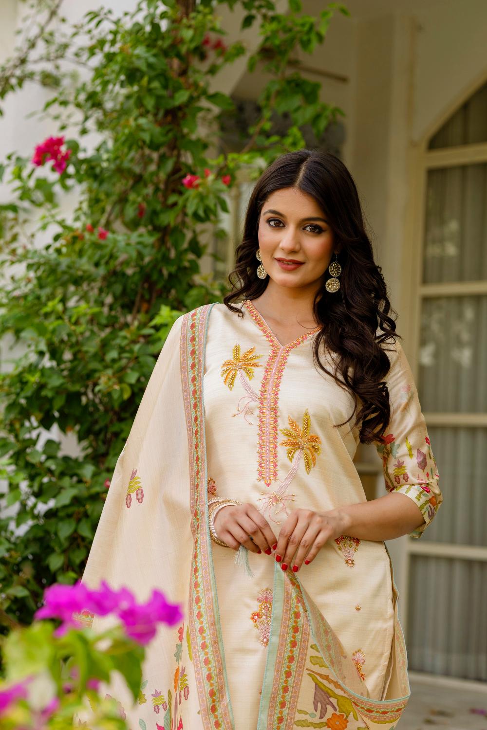 The52 Women's Viscose Assam Silk Embroidered Straight Kurta with Pant And Dupatta Set