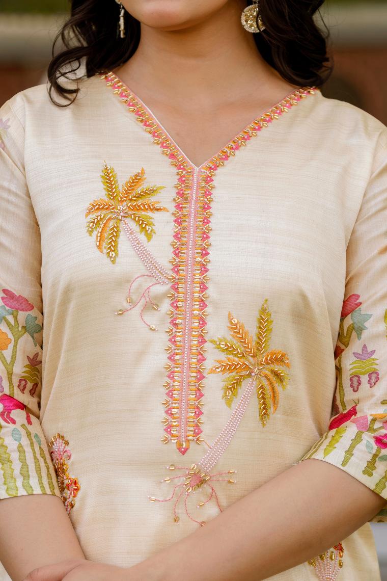 The52 Women's Viscose Assam Silk Embroidered Straight Kurta with Pant And Dupatta Set