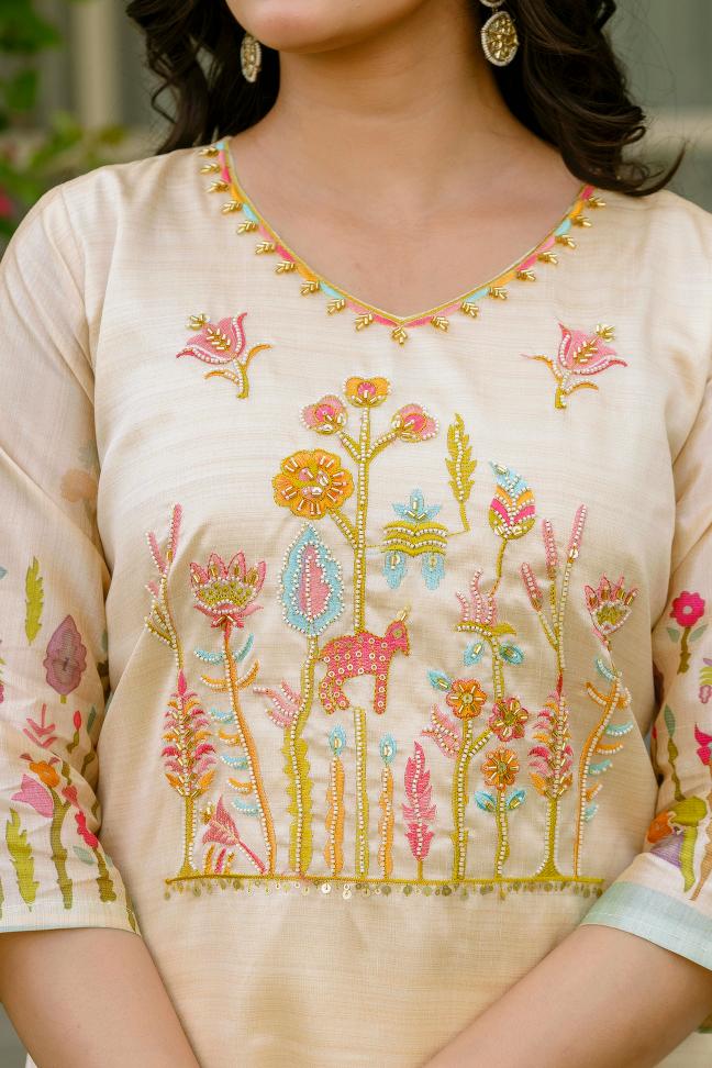 The52 Women's Beautiful Viscose Assam Silk Embroidered Straight Kurta with Pant And Dupatta Set