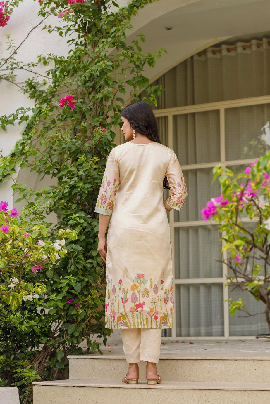 The52 Women's Beautiful Viscose Assam Silk Embroidered Straight Kurta with Pant And Dupatta Set