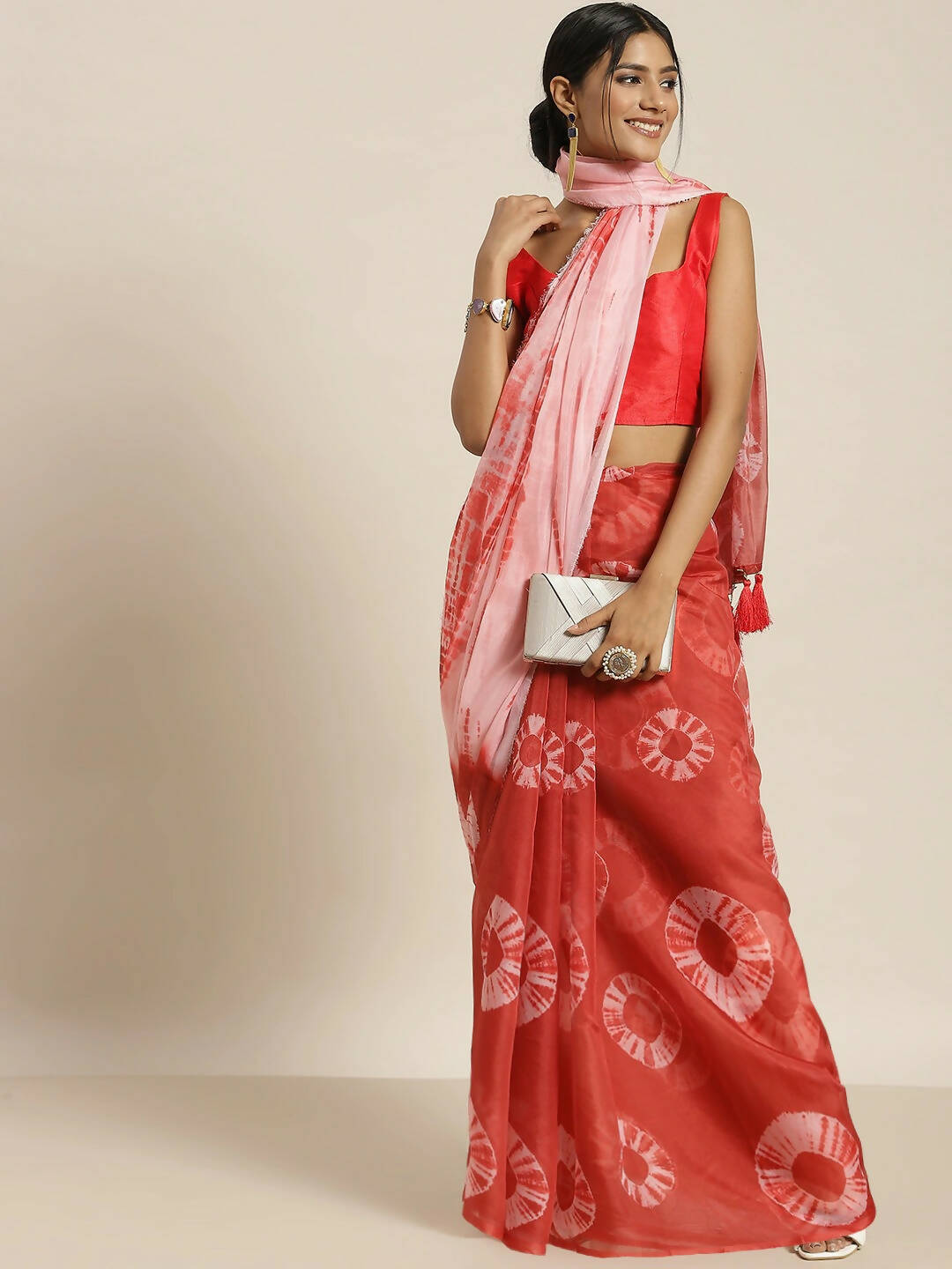 Red Organza Printed Saree With Blouse Piece - Nivaa