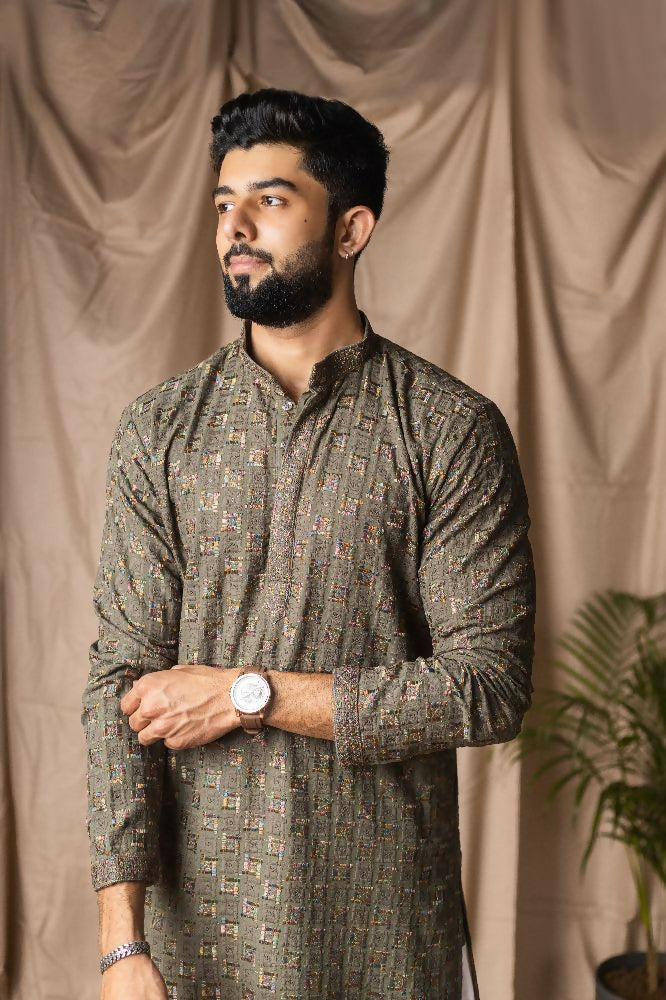 Mehandi Green Rayon Thread Embroidery Work Kurta Set - Mahotsav