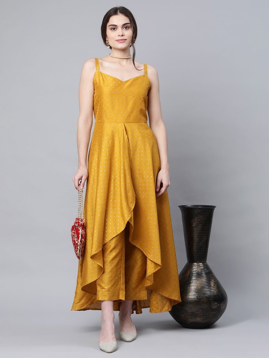 Ahalyaa Women Mustard Poly Silk Gold-Toned Printed Kurta With Trousers