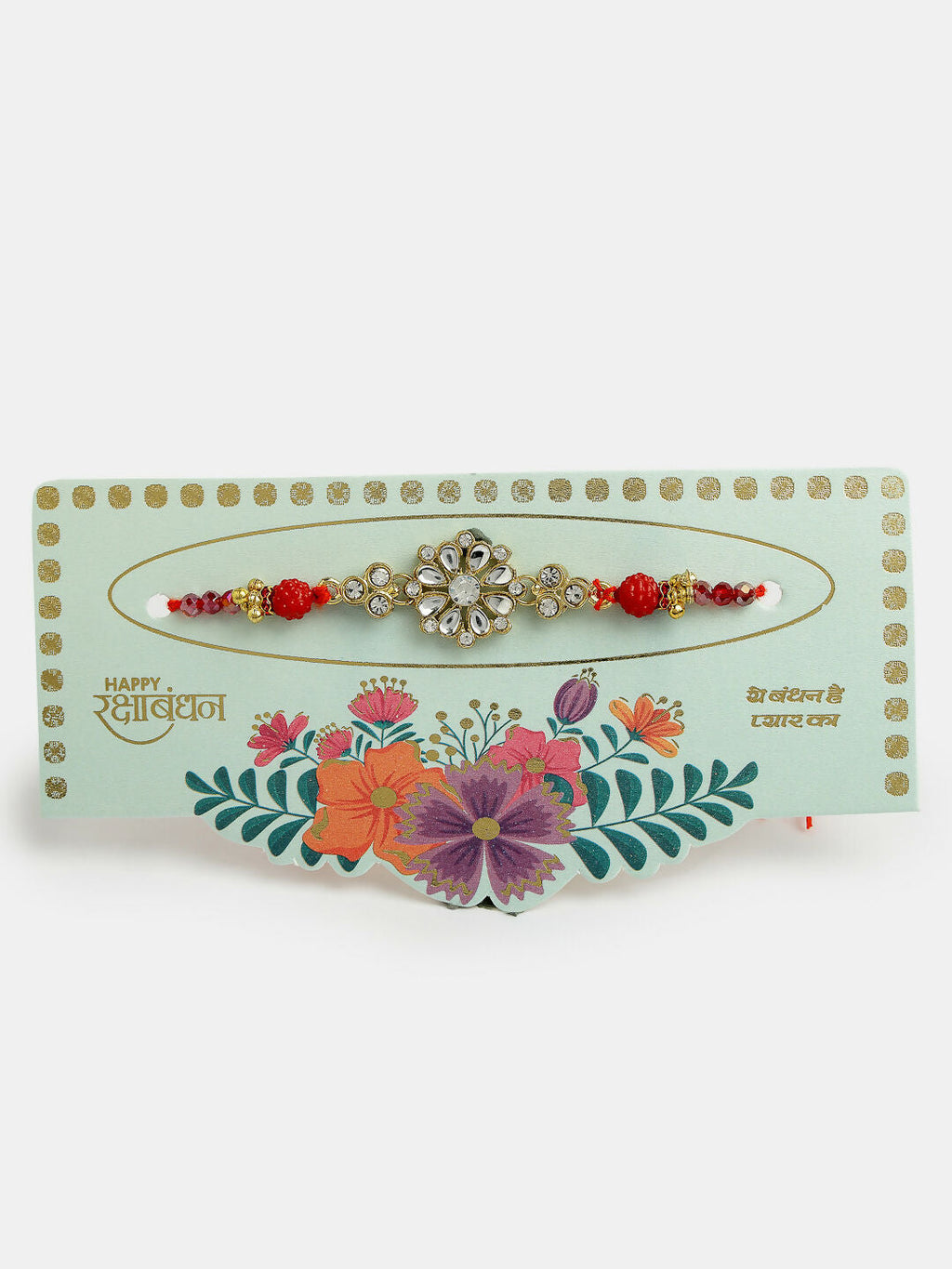 NVR Men Gold-Toned Stone-Studded Rakhi With Roli Chawal & Chocolate