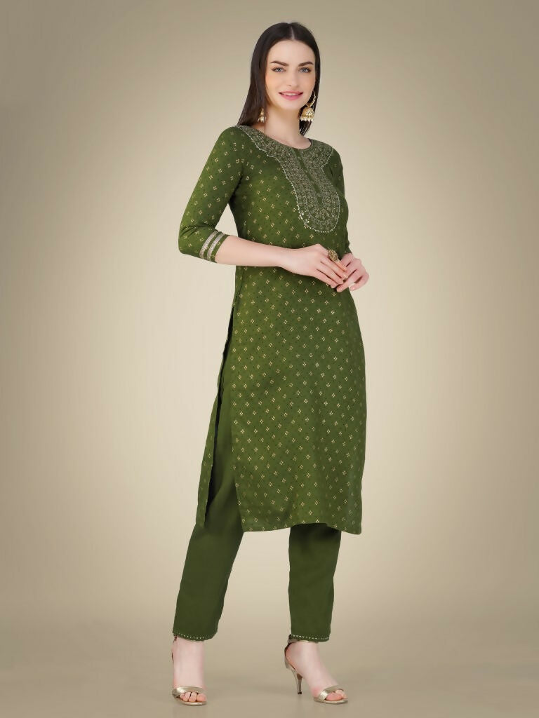 Jyoti Fashion Women's Mehendi Cotton Magic Slub Embroidery & Sequence work Kurta with Trouser & Dupatta