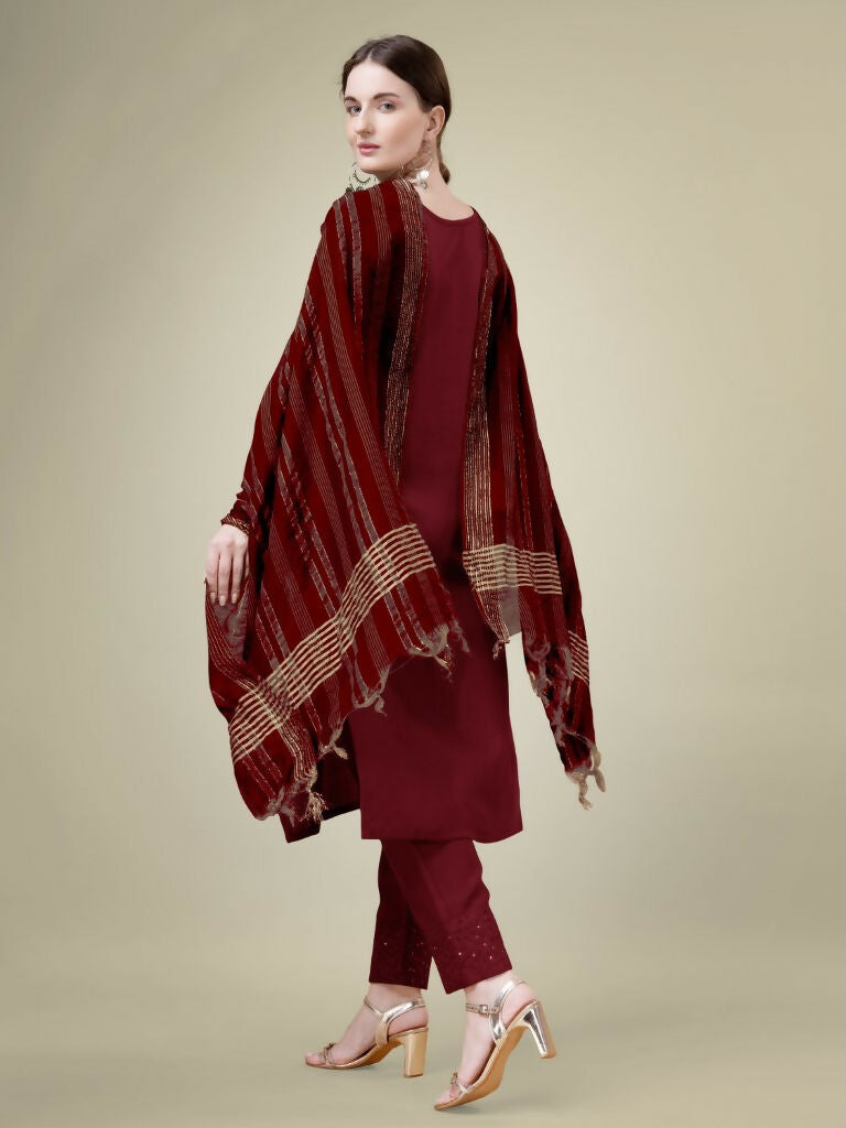 Jyoti Fashion Women's Maroon Cotton Blend Embroidery & Sequence work Kurta with Trouser & Dupatta