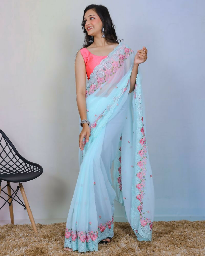 Vamsee Rashmika Sky Blue Georgette Saree