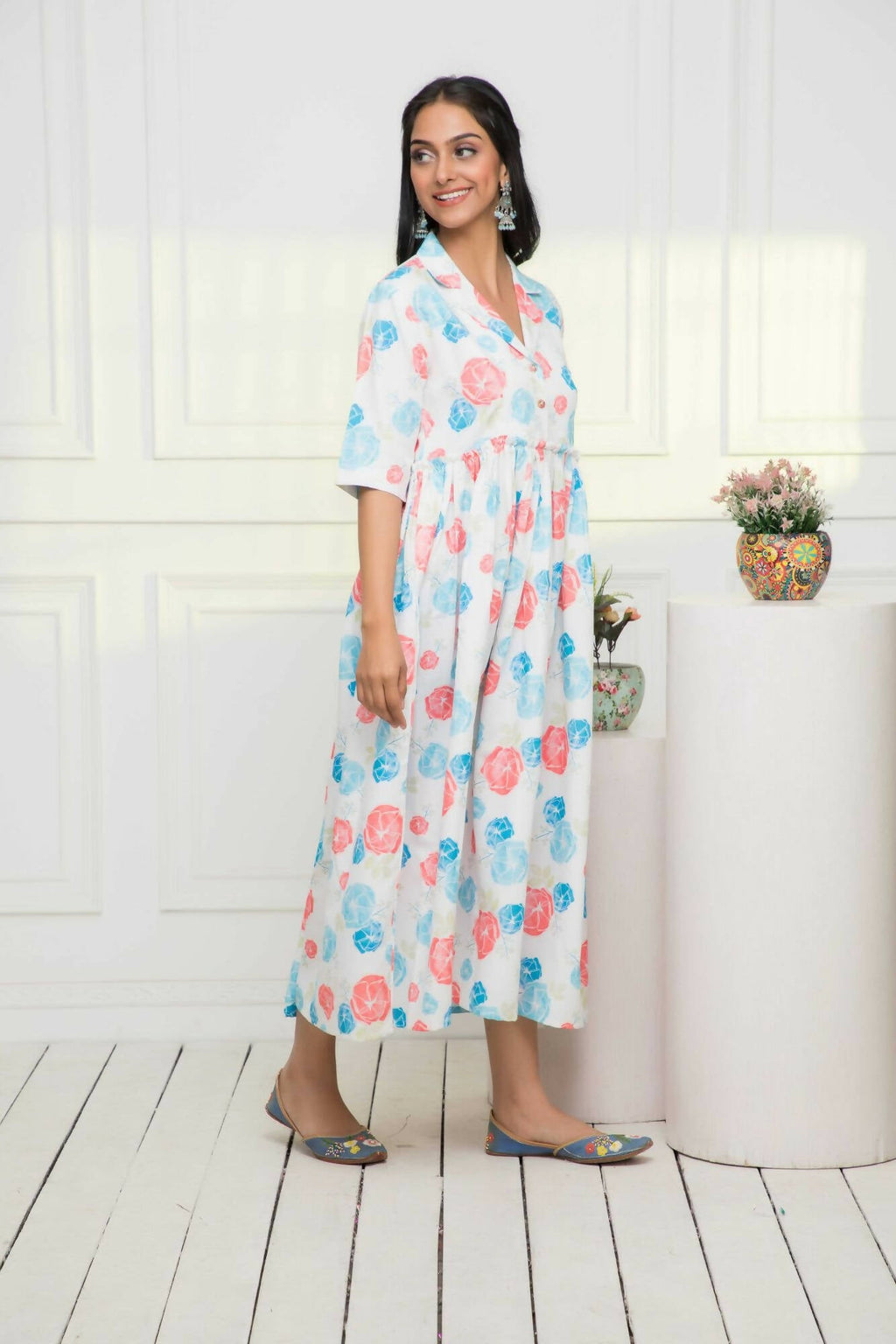 Myshka Women Multi - Floral Rayon A-Line V-Neck Dress