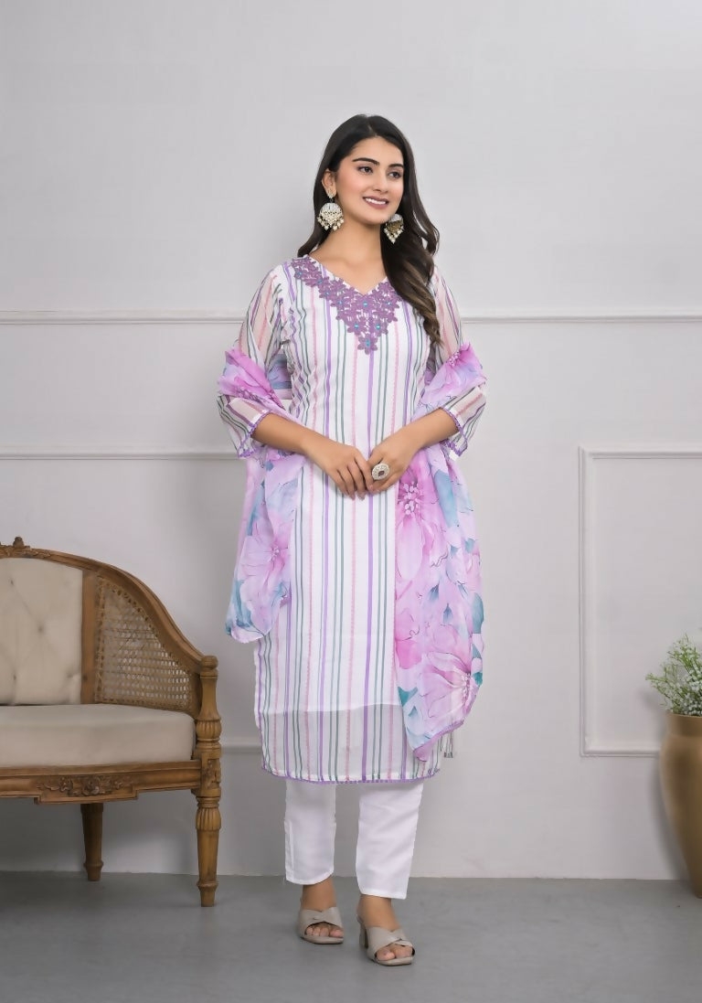White Viscose Silk Embroidery with Thread and sequence Stitched Suit With Dupatta - Tanisha