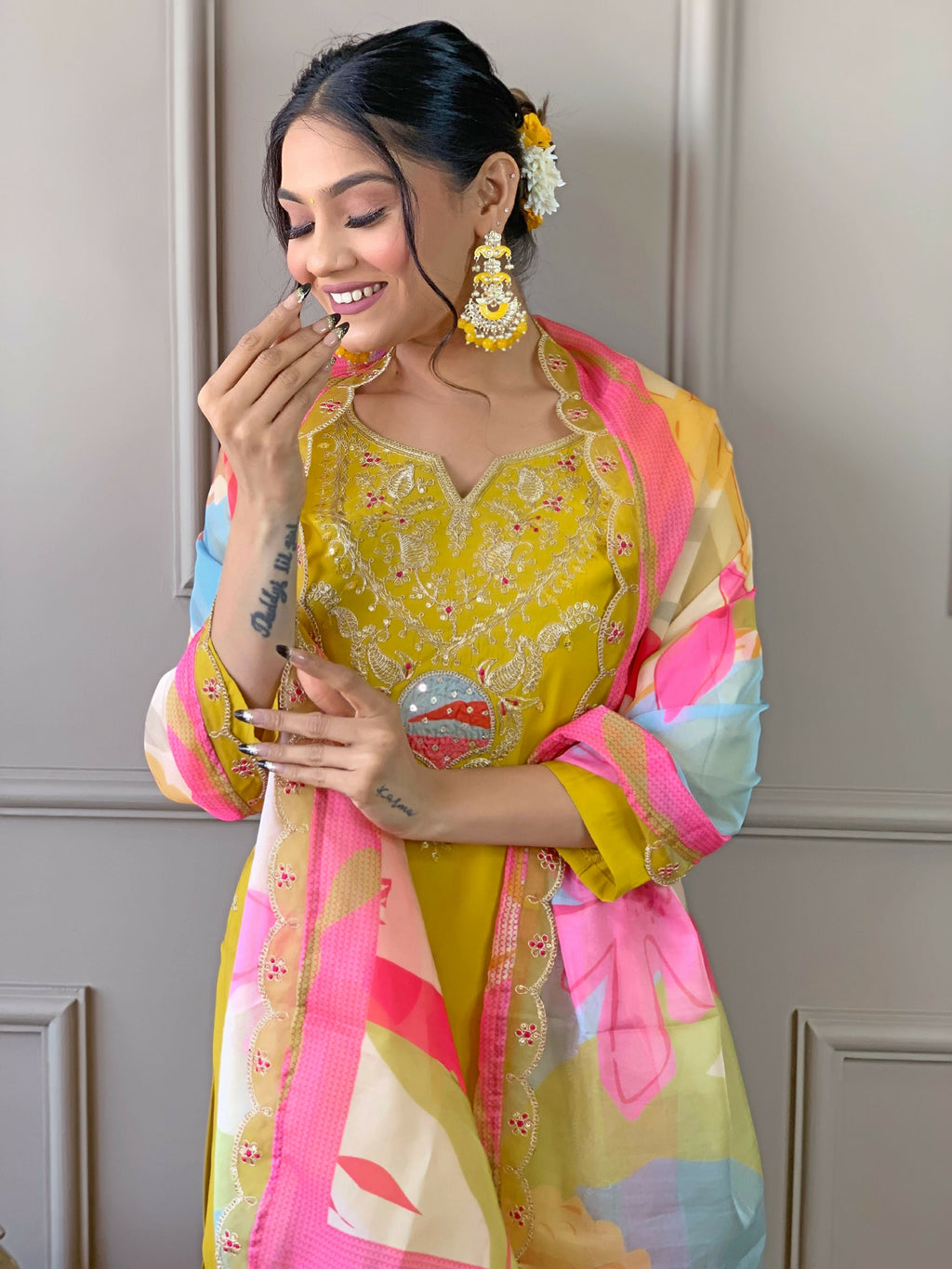 PartywearDesigner Viscose Yellow Stitched Suit With Dupatta - Tanisha