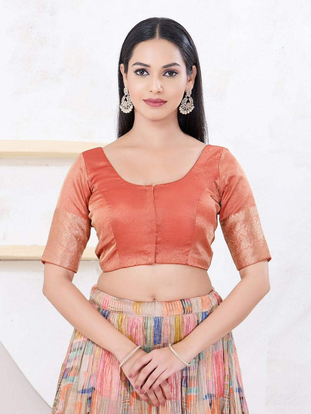 Joban Fashion Copper Brocade Elbow Sleeveless Front Open Blouse