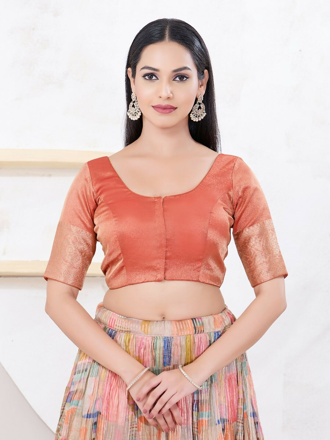 Joban Fashion Copper Brocade Elbow Sleeveless Front Open Blouse