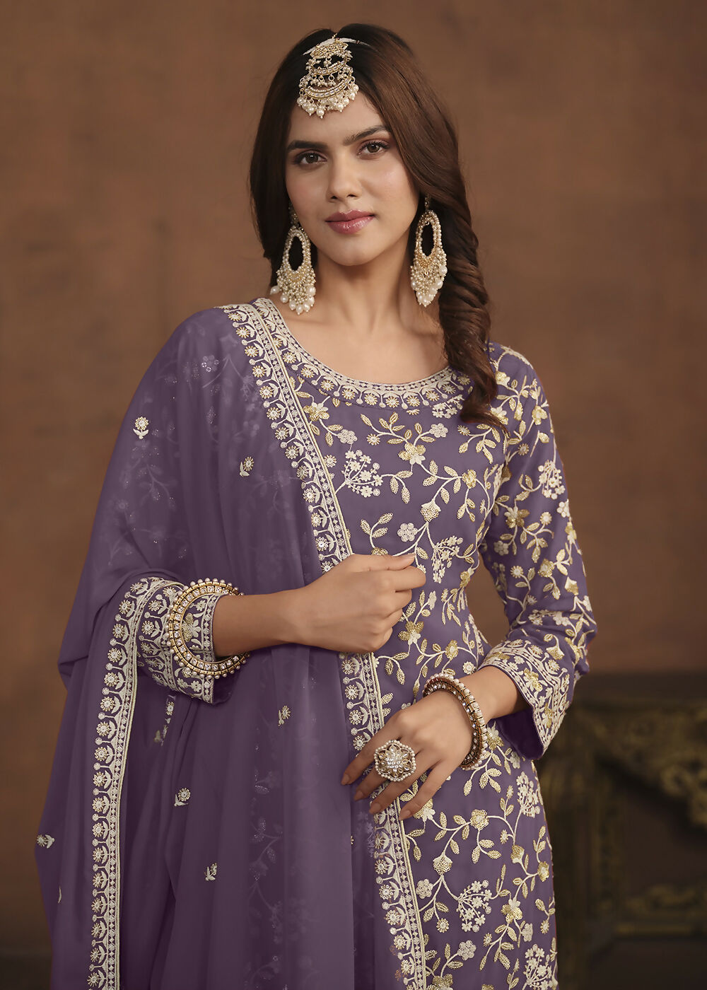 Faux Georgette Purple Embroidered Festive Salwar Suit - Emponline