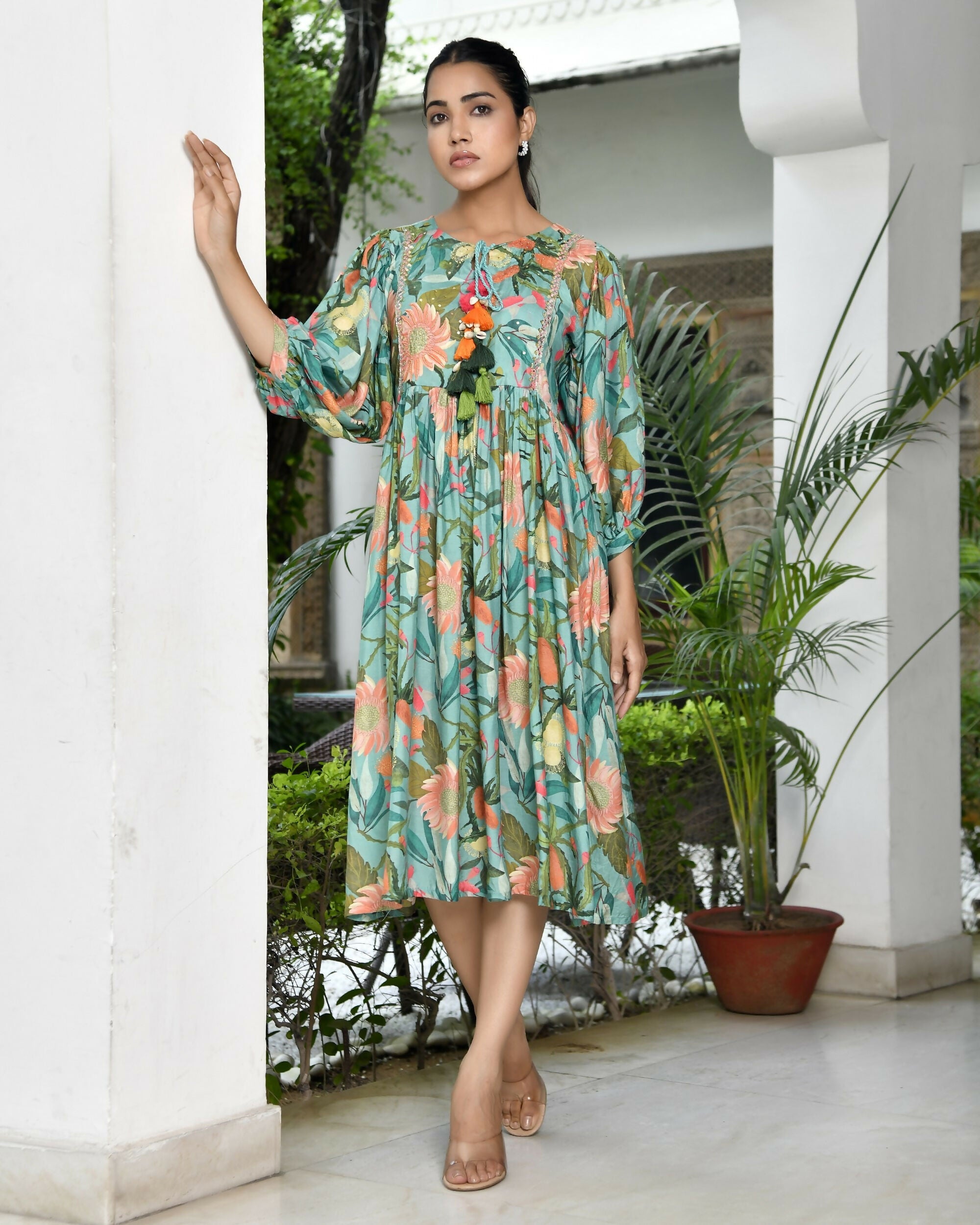 Vaasva Women's Teal Musline Viscose Digital Printed Dress