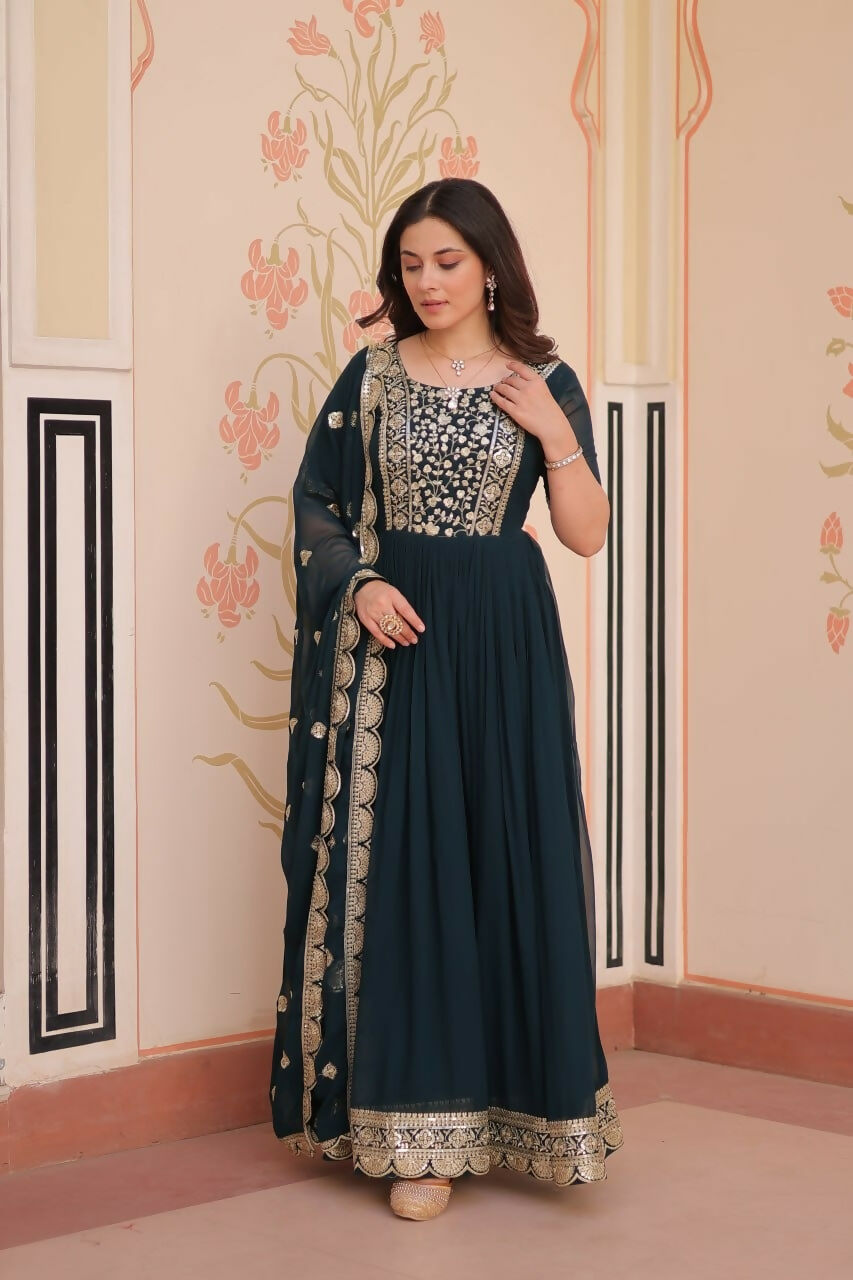 Teeya Creation Rama Color Faux Georgette Embroidery Work Wedding Wear Long Gown