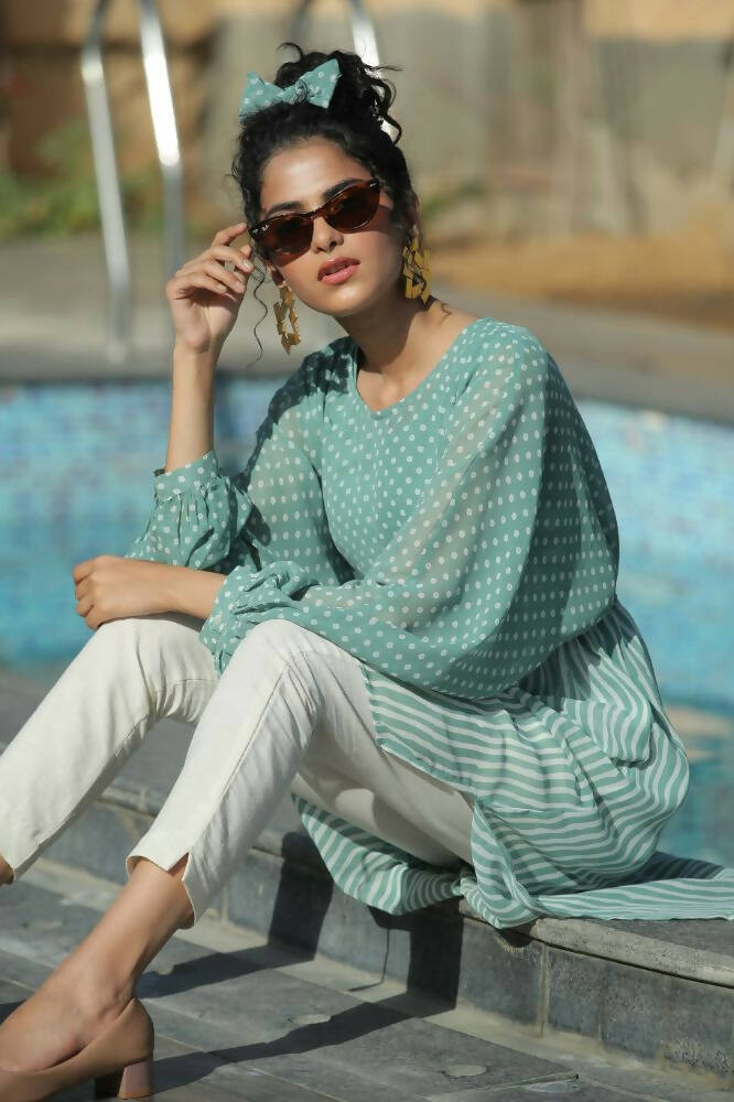Juniper Women Sagegreen Georgette Bandhani High-Low Tunic