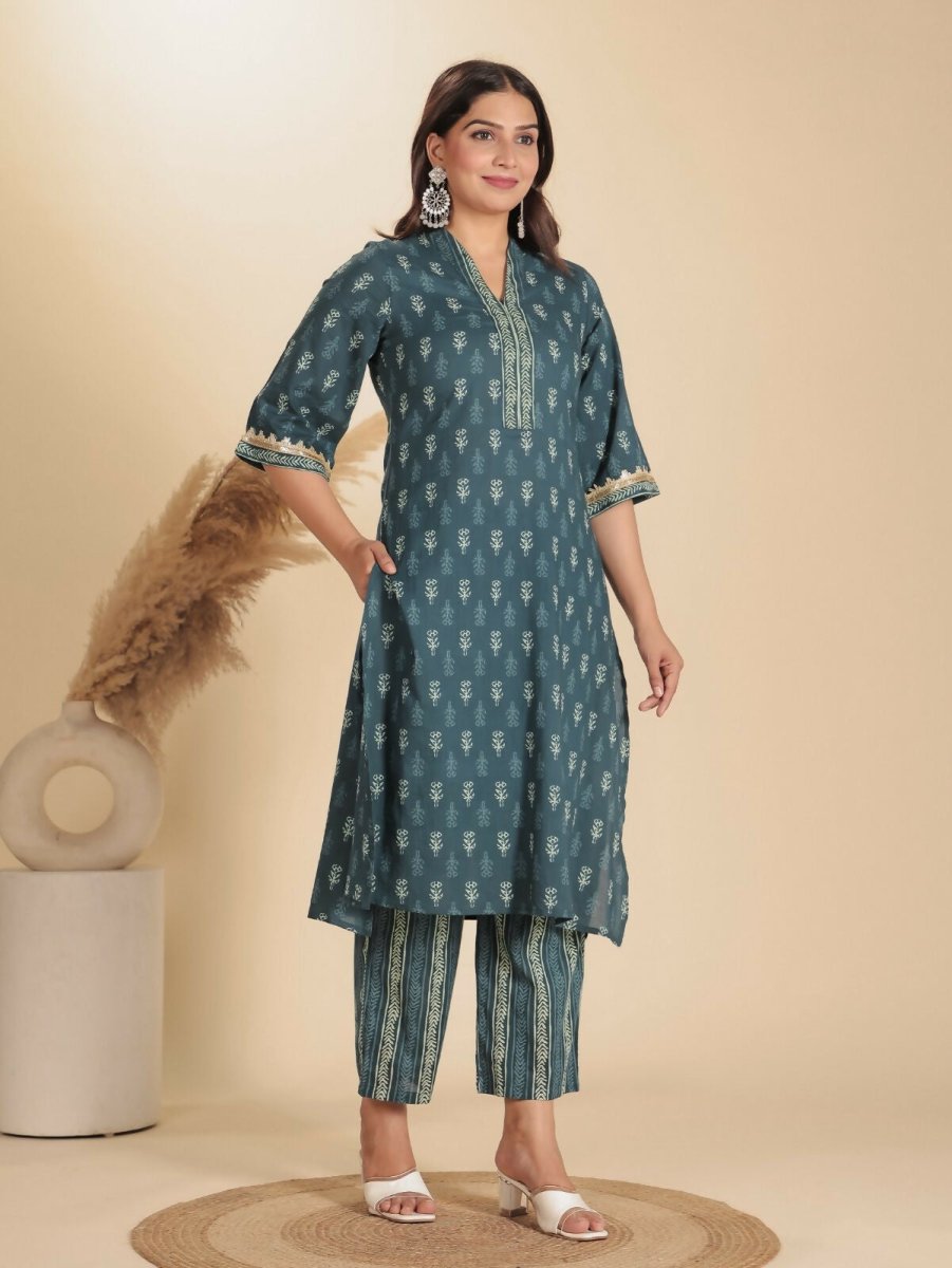 Aramya Blue Soft Cotton Block Print Straight Kurta Set for Women