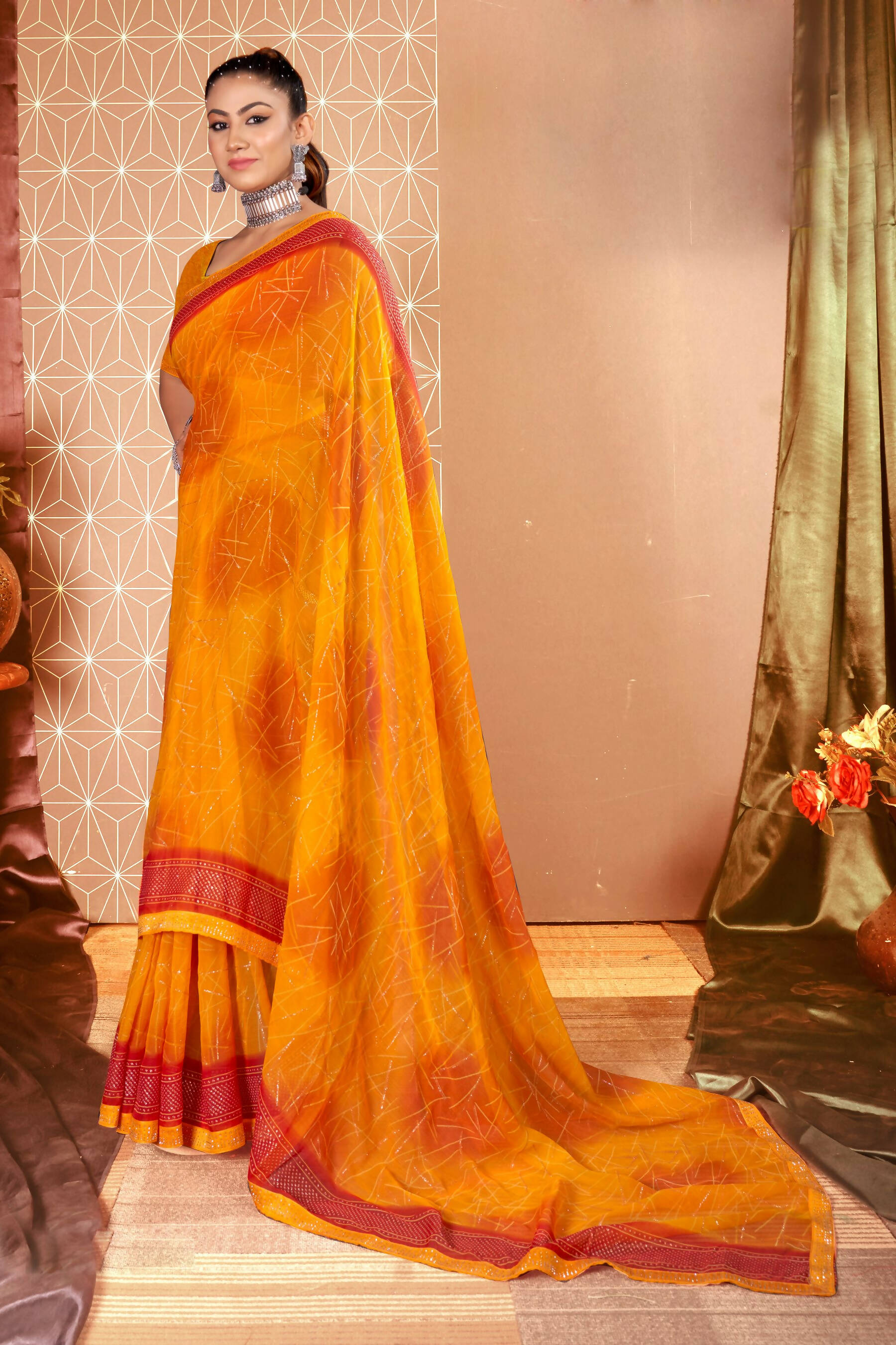 Mustard Chiffon Abstract Printed Saree With Unstitched Blouse Piece - Rajal