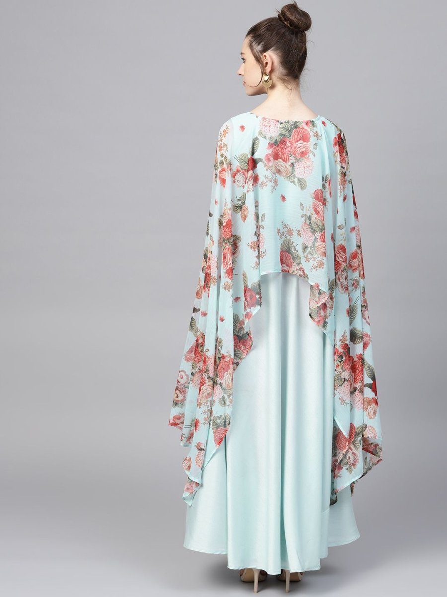 Ahalyaa Aqua Blue Poly Silk Kurta With Attached Printed Dupatta