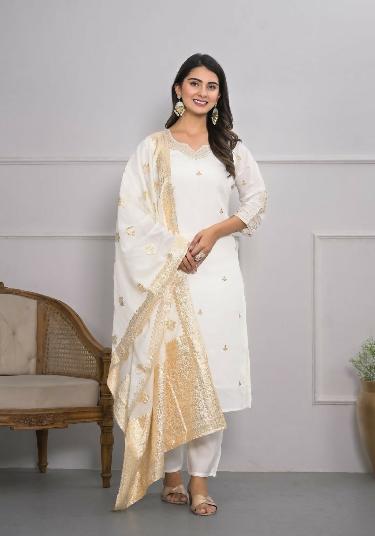 White Viscose Silk Embroidery with Thread and sequence Stitched Suit With Dupatta - Tanisha