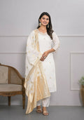 White Viscose Silk Embroidery with Thread and sequence Stitched Suit With Dupatta - Tanisha