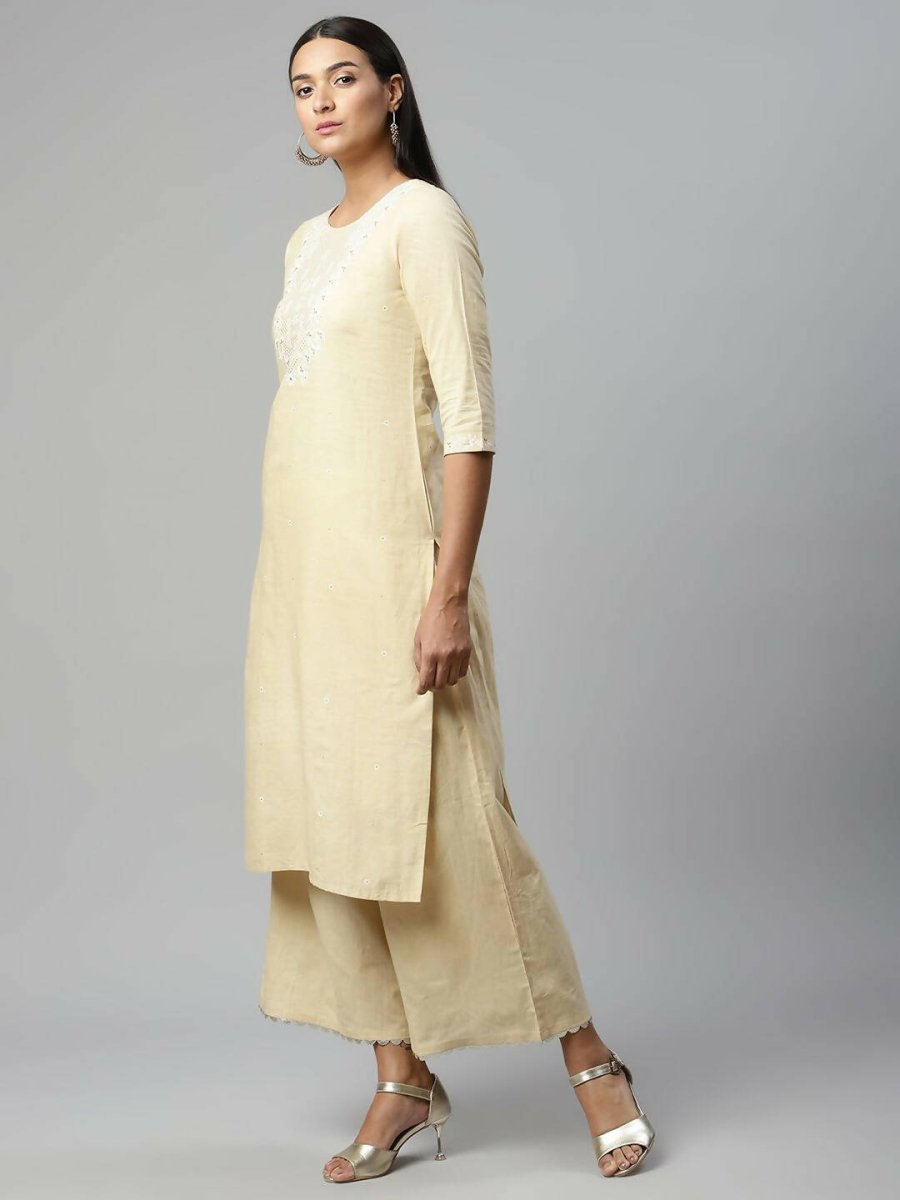Ahalyaa Womens Chiku Pure Cotton Printed Kurta Palazzo Set