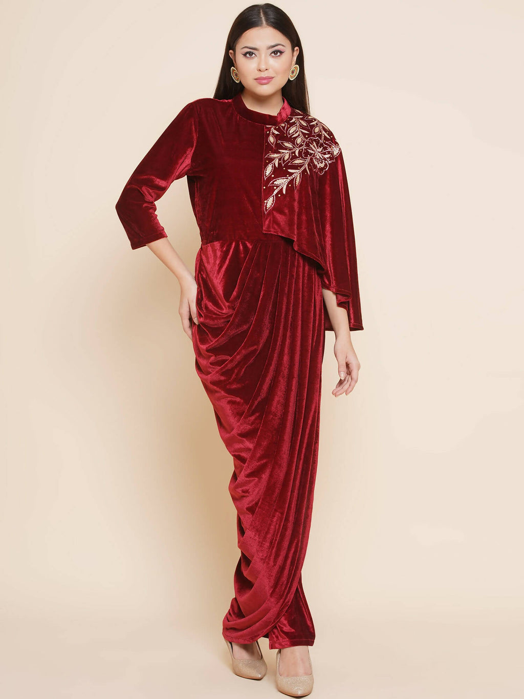 Women Republic Maroon Velvet Drape Styel Gown