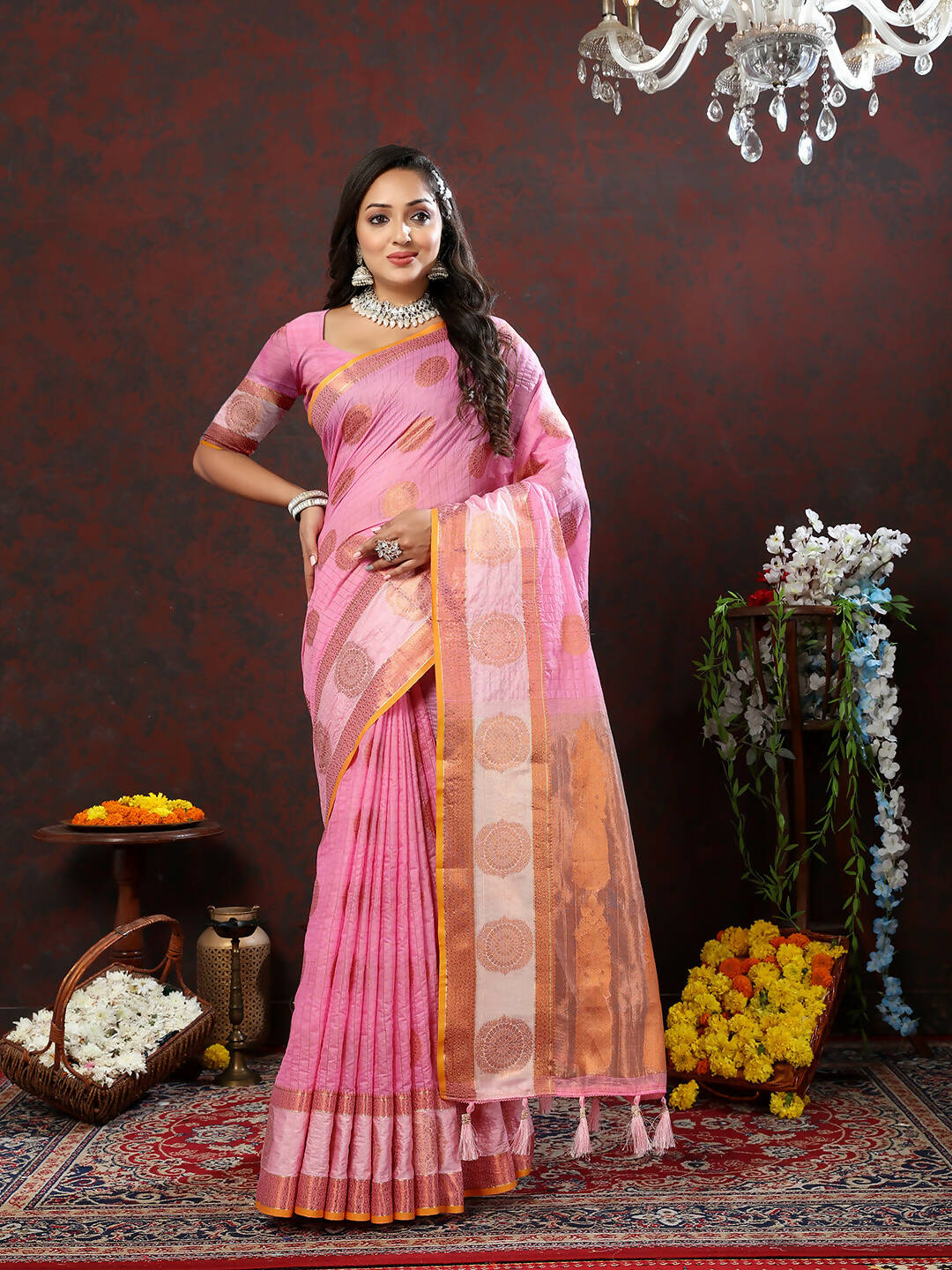 Lorenvalley Fashion Pink Cotton with Woven Design Zari Weaving Saree