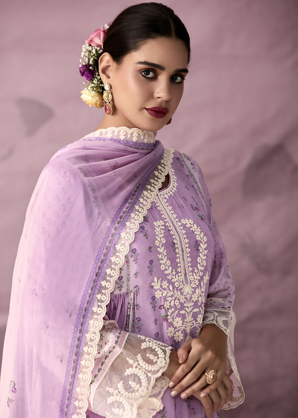 Lilac Pink Muslin Cotton Printed Trendy Salwar Kurta Set - Emponline