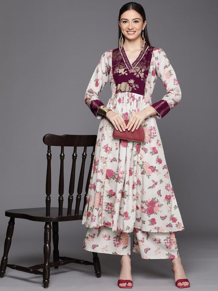 Ahalyaa Womens Beige Crepe Digital Printed Kurta Palazzo Set