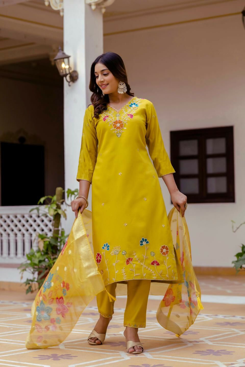 The52 Yellow Women's Gorgeous Embroidered work Viscose Gadhwal Fabric Straight Kurta, Pant and Dupatta Set